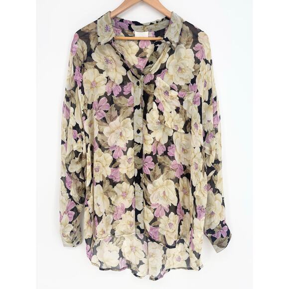 Posse Women's Sheer Cream Lavendar Floral Oversized Button-Down Shirt Size XS/S - Picture 2 of 6